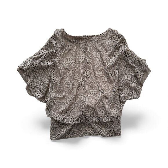 Brittany Black Lace Overlay Brown Tunic Top Scoop Neck Short Sleeves Size Medium - Picture 3 of 5